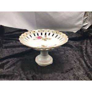 Vintage Applied Rose Open Lace Pedestal Bon Bon Candy Dish Gold Trim